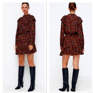 NWOT Zara Floral Print Ruffled Dress. Long Sleeves size Large
